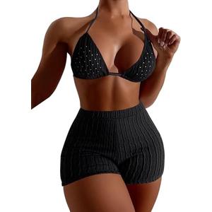 COZYEASE Women's 2 Piece Swimsuits Halter Triangle Top with High Waisted Shorts Bathing Suits Bikini Sets, S