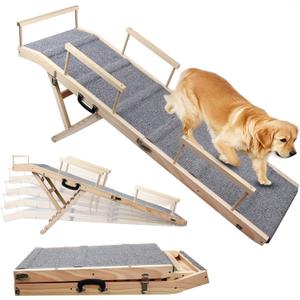 Dog Ramp for Bed, Couch & Car  Adjustable Foldable Pet Ramp, 64.17" Long, 17.72" Wide, Non-Slip Surface with Safety Rails, 8 Heights 20.08"-28.35", Supports 220 lbs, Solid Wood (Gray, 17.72)