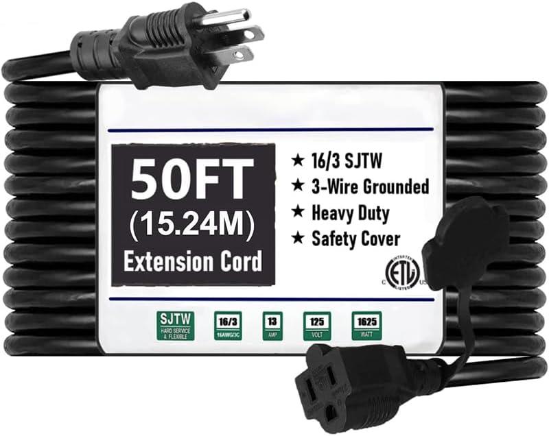 50ft 16 SJTW AWG Heavy Duty Power Cord 3 Prong Extension Cord, NEMA 5-15P to NEMA 5-15R, Power Cable for Indoor and Outdoor Use, ETL Listed (Black)