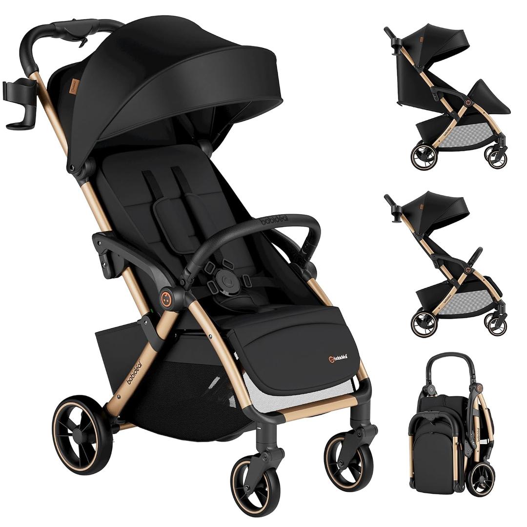 Babideal Lightweight Travel Stroller for Airplane – Compact Baby Stroller with 50L Bottom Storage, One-Hand Auto-Fold, 175° Recline, Extendable Canopy, Cup Holder, Newborn to Toddler Up to 50 lbs