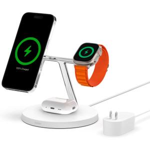 Belkin MagSafe Charger, 3-in-1 Wireless Charging Stand, 2ND GEN, 33% Faster for Apple Watch, iPhone 16, iPhone 15, iPhone 14 Series, AirPods - MagSafe Charging Station for Multiple Devices - White 
