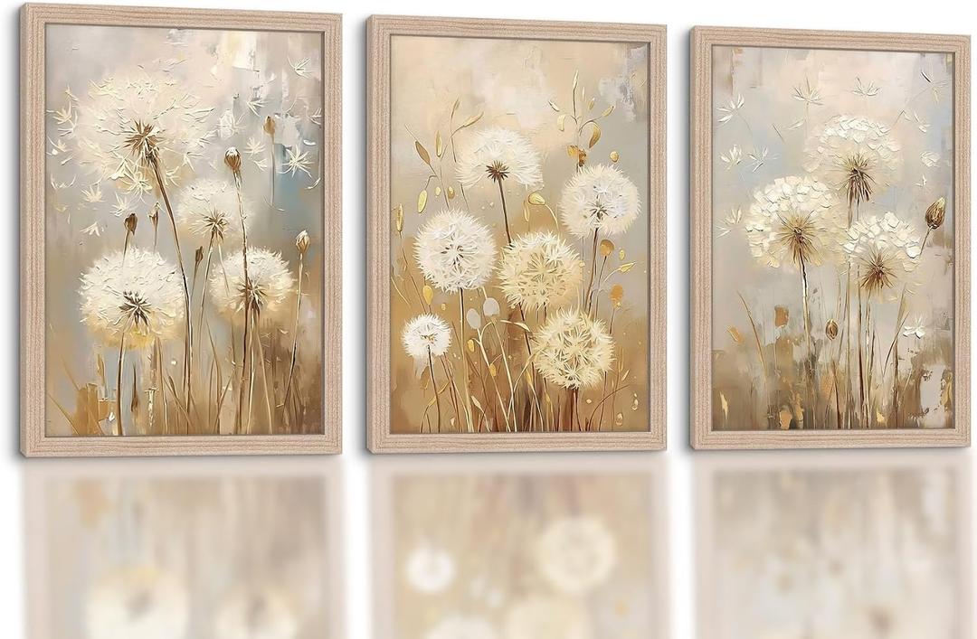 3 Pcs Framed Dandelion Canvas Wall Art, Modern Floral Prints, 16x24 Inch