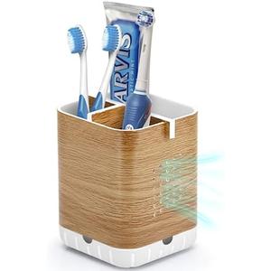 Boperzi Toothbrush Holders for Bathrooms Organizer Countertop, Detachable Anti-Slip Electric Toothbrush Holders for Kids, Toothbrush and Toothpaste Holder Storage Caddy Drainage for Shower Wood Grain