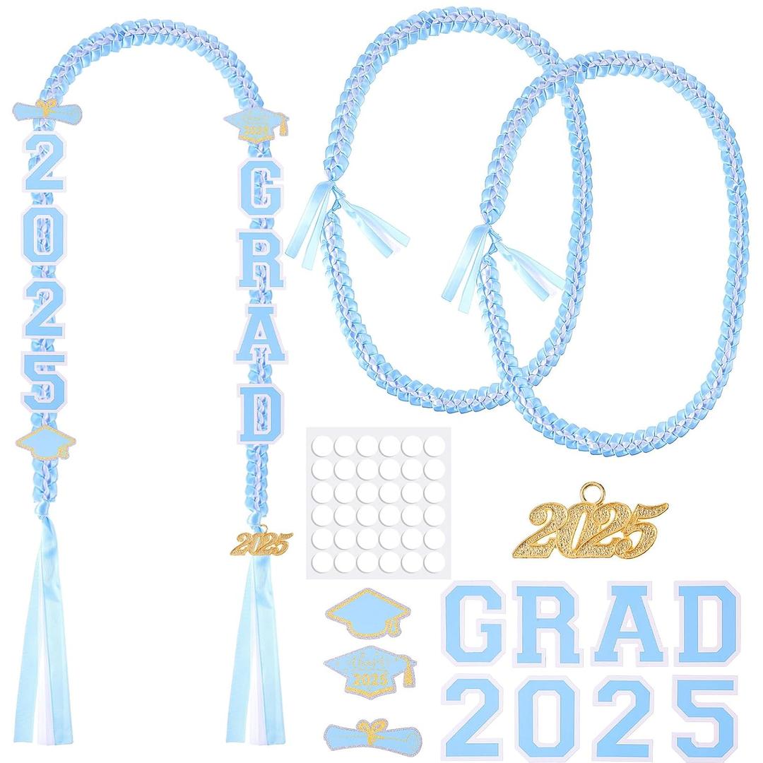 Yinkin Graduation Ribbon Leis Set Class of 2025 Handmade Double Braided Necklace Adjustable Includes Silk Leis Grad Cutouts 2025 Pendant for Graduation Party Accessories(Light Blue, White)