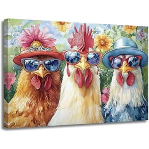 ZSHARTSWD Funny Roosters Wall Art Color Chicken with Glasses Pictures Farm Animals Painting Farmhouse Rooster Canvas Prints Kitchen Bathroom Home Decor Framed (Beige, 16.00" x 20.00")