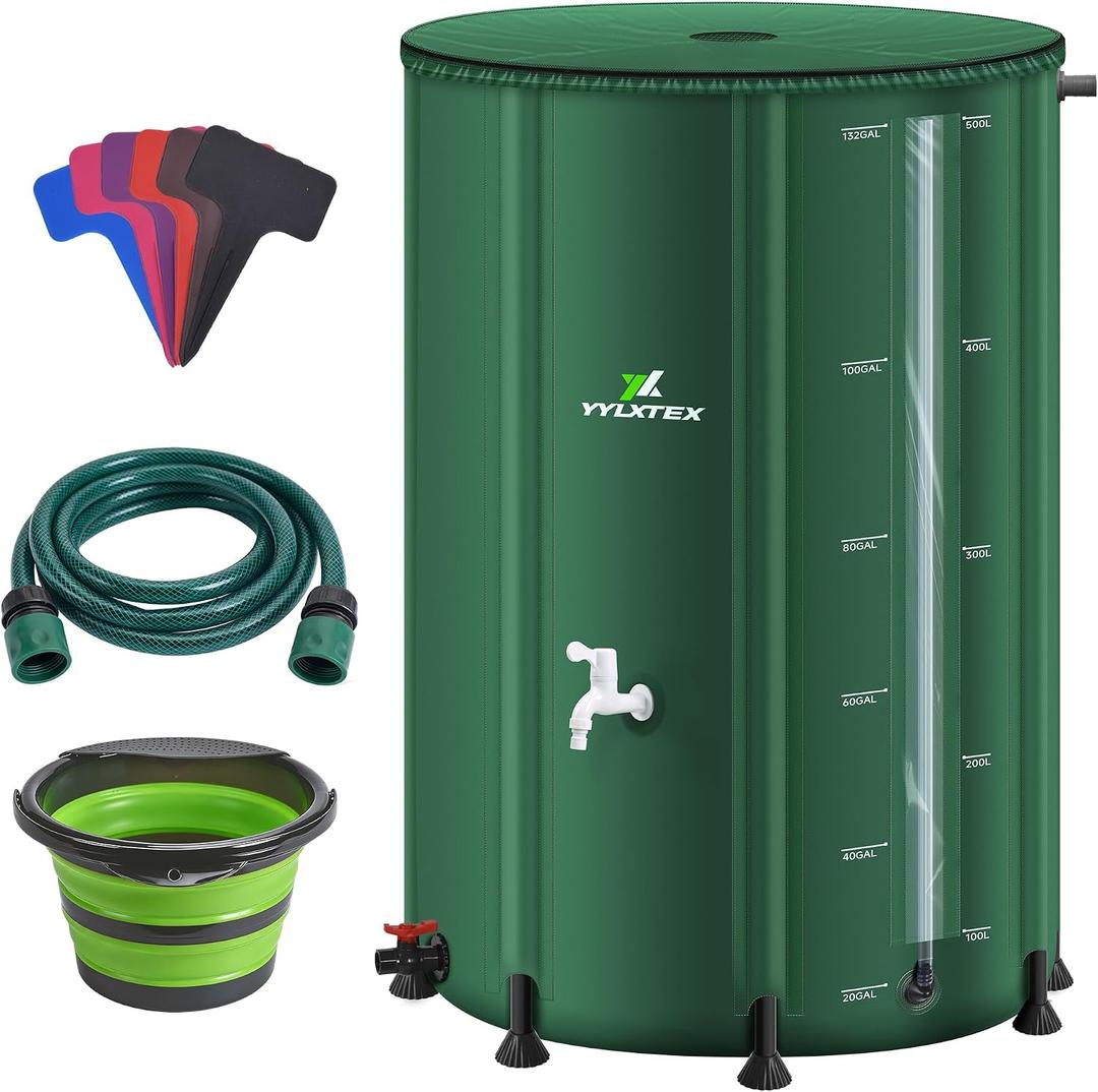 132 Gallon/500L Collapsible RainWater Collection Barrel,Water Tank&Reinforced with 2mm Frame Portable Rain Catcher,Includes Quick-Connect Tap&Sprinkler,Heavy Duty 0.6mm PVC for Long-Lasting Use,Green