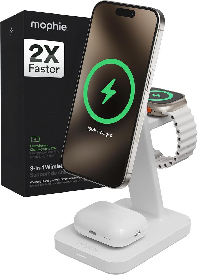 Mophie Snap+ 3-in-1 Wireless Charging Stand - MagSafe & Qi2 Certified, Compatible w/iPhone 17/16/15/14/13/12, Apple Watch, AirPods - Multi-Device Magnetic Charging Station, Eco-Friendly Design, White