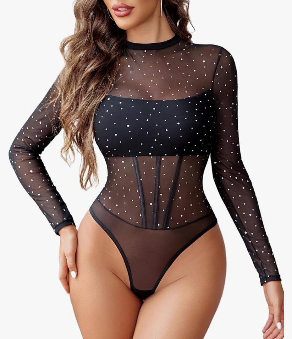 Avidlove Women Mesh Bodysuit Lingerie Mock Neck Long Sleeve Sheer Rhinestone Going Out Top, S