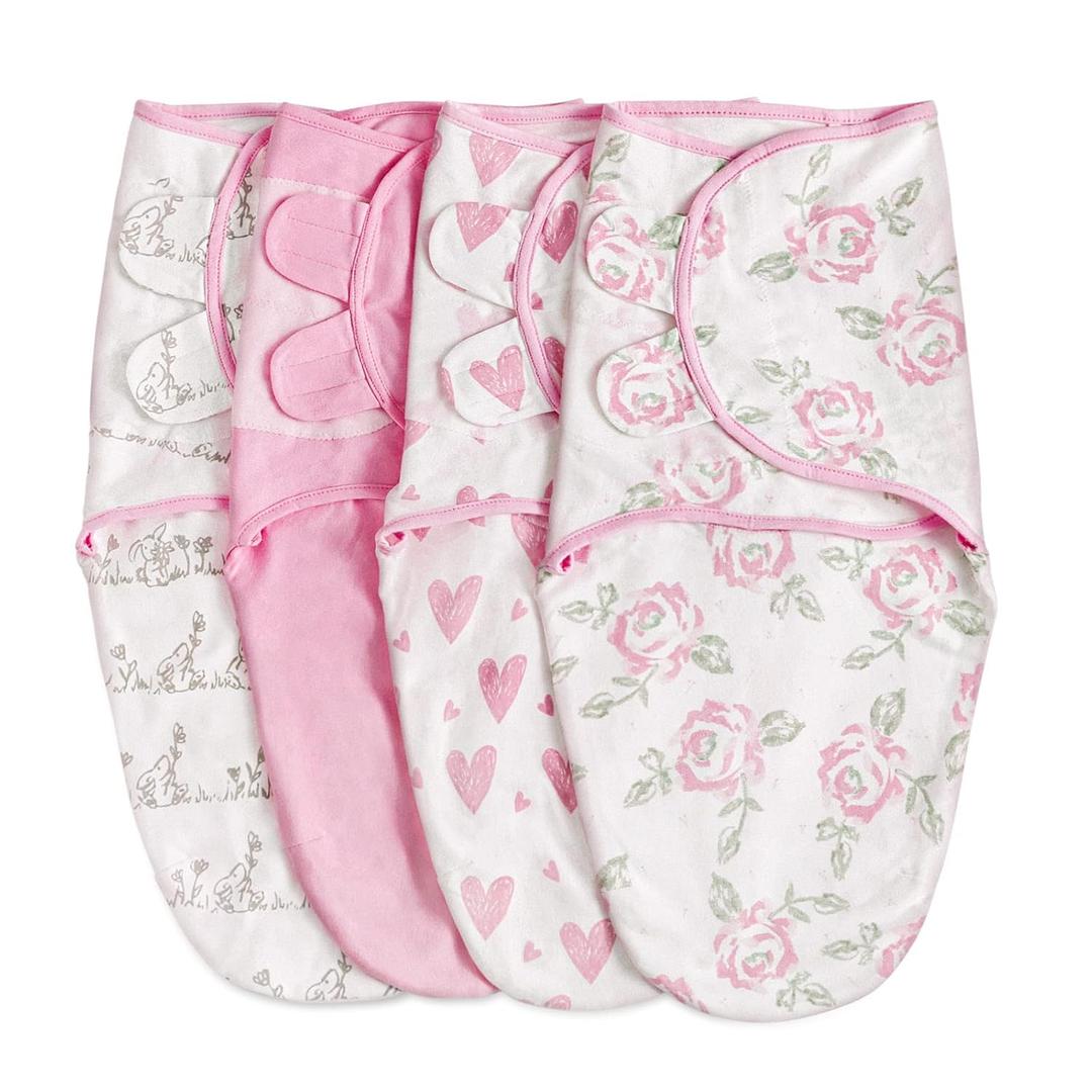 Organic Baby Swaddle Sleep Sacks, 4-Pack Swaddles for Newborns Baby Essentials, Infant 0-3 Months, 100% Cotton Soft & Snug Adjustable Wrap Nursery Swaddling Blankets Improves Sleep (Pink Floral Love)