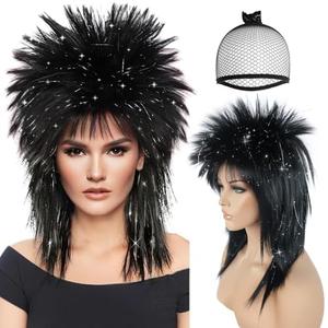 RUBIES+Hair Cap 80's Rocking Diva Wig Long Silver Black Wig for Women Long Spiky Wig with Bangs Rocker Anime Funny Hair for Halloween Cosplay Womens Cosplay Outfit for Costume Party