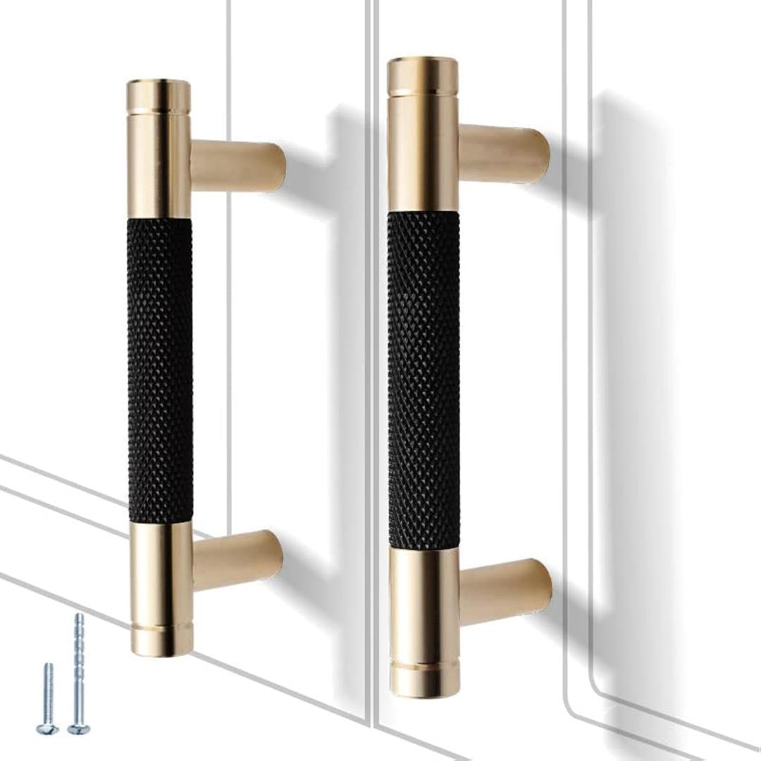 12 Pack 3 Inch 76 mm Knurled Cabinet Handles Cabinet Pulls Aluminum Handles Pulls Gold and Black Oxidation Finish with Diamond Pattern 4" Length (3" Hole Center)