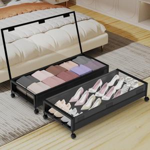 Under Bed Storage Bins With Lids - Pack of 2 Lengthen Underbed Storage Containers with Wheels, Large Capacity Metal Clothes Organizer for Bedroom Shoes Blanket Sheet