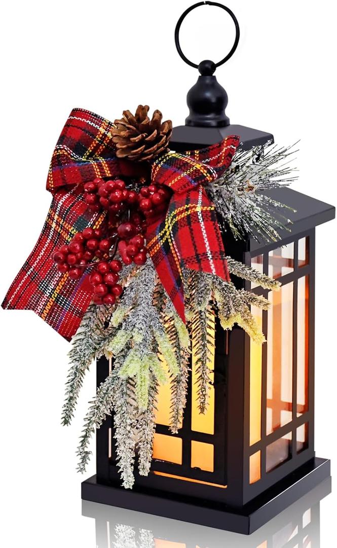 Vintage Candle Lantern with Flameless LED Light - Decorative Indoor & Outdoor Lanterns for Porch - Christmas (RED)