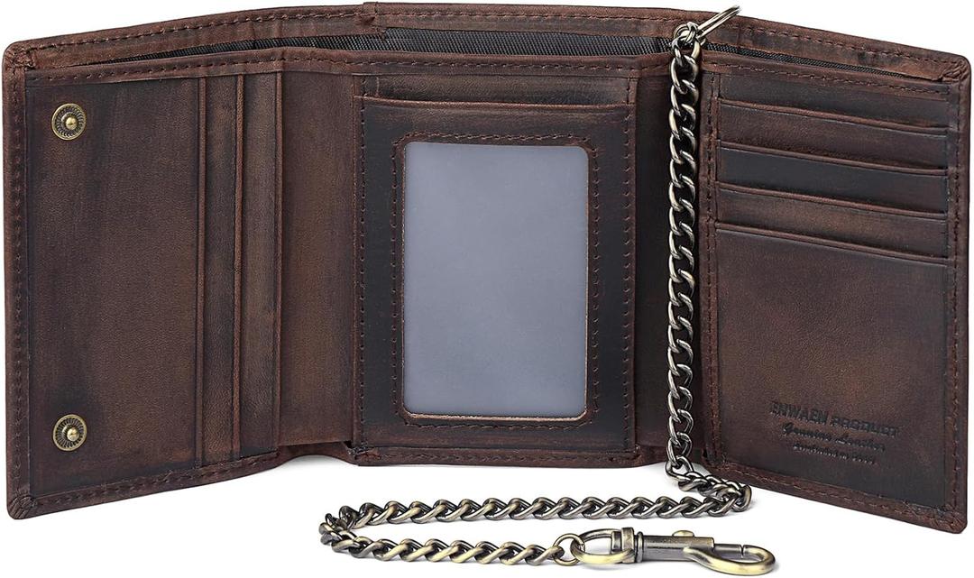 Trifold Chain Wallets for Men, Genuine Leather Wallet RFID Blocking Anti-Theft Chain for Biker, Motorcycle (Dark Coffee)