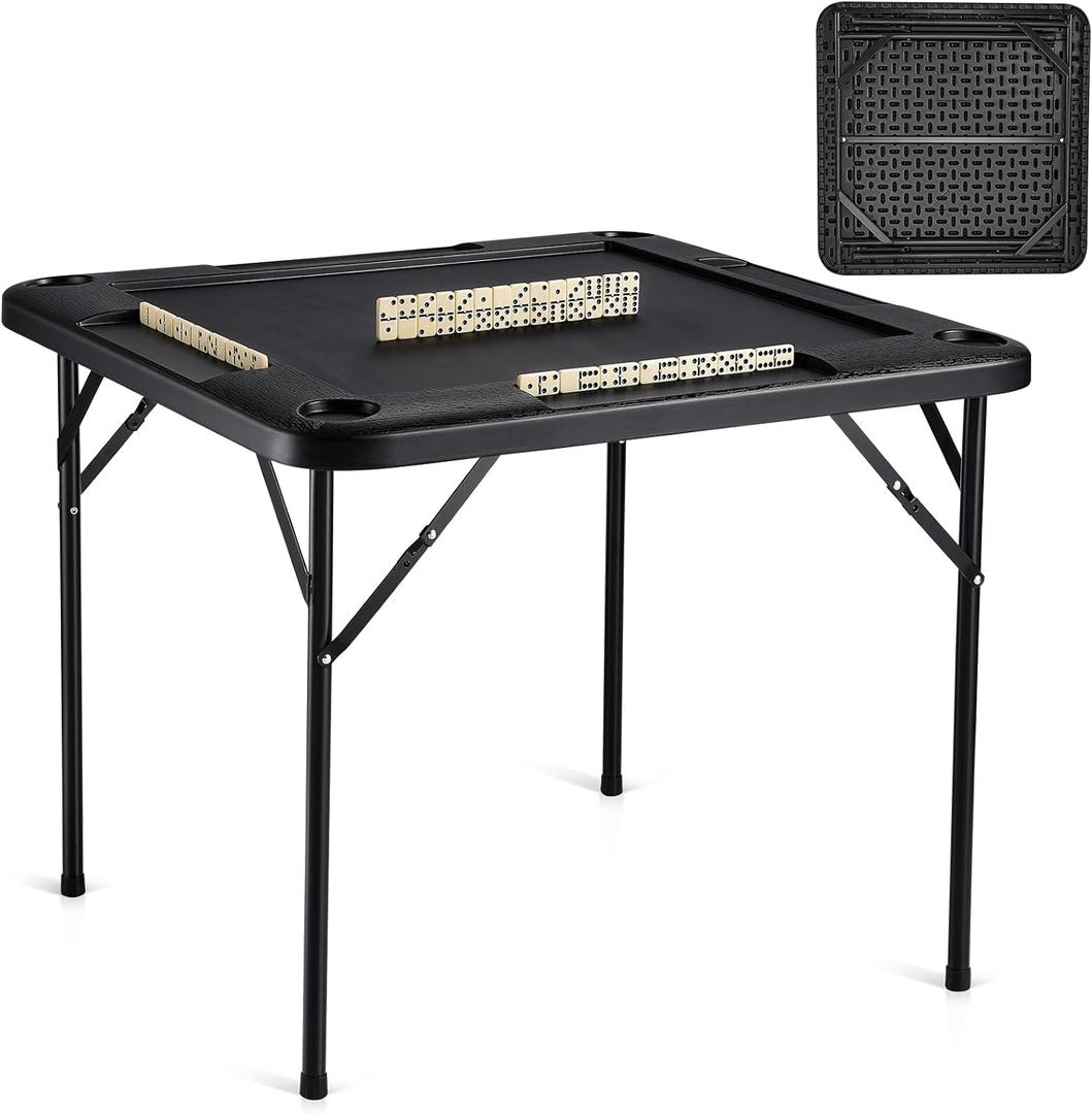 VEVOR Folding Card Table, 4 Player Portable with 4 Cup Holders & Chip Trays, Mahjong Domino Game Set, 35.4 x 35.4-inch, Black, 35.43 x 35.43 x 29.13 inches