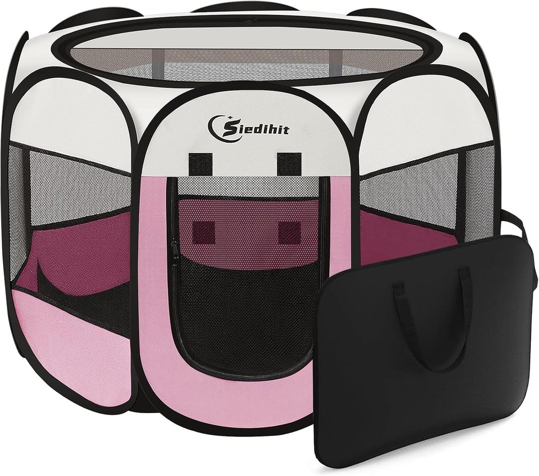 Siedihit Pink Puppy Playpen for Middle Dog Cat, Dog Tent Crates Cage Indoor/Outdoor, Portable Pop Up Dog Kennel with Carrying Bag for Rabbits, (Pink, Medium)