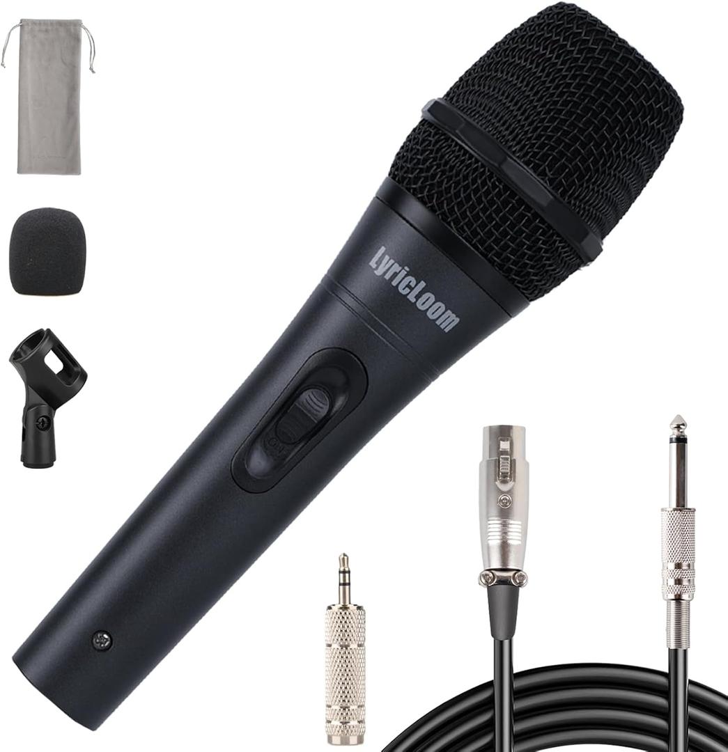 LyricLoom Professional Karaoke Microphone Wired, Metal Handheld Mic with 16.4ft Cable and Switch, Vocal Dynamic XLR Corded Microphone for Speaker, Singing and Amplifier, Black