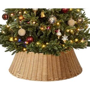 Sweetcrispy 27in Christmas Tree Collar, Wicker Skirt for 7.5ft Artificial Trees, 4-Piece Wicker Base Cover, Natural