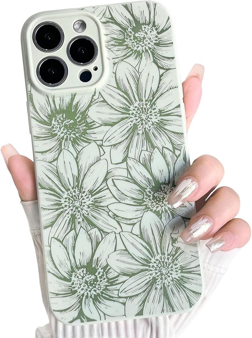 NITITOP Compatible with iPhone 12 Pro Max Case Silicone Cute Flower Floral Sunflowers Pattern for Women Girl Trendy Slim Fit TPU Silicone Shockproof Full Camera Protection Cover - Green