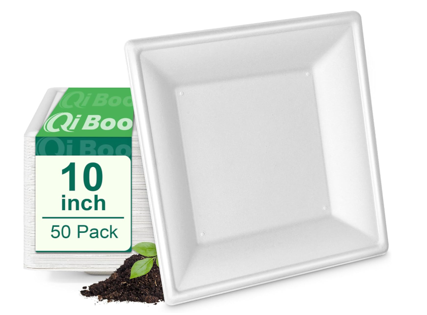 Qi Boo Square Paper Plates 10 Inch [50Pack] Compostable Eco Friendly Disposable Plates Heavy Duty, Biodegradable Recycled Bagasse Plates, Large Paper Dinner Plates, Sturdy White 10" Plate
