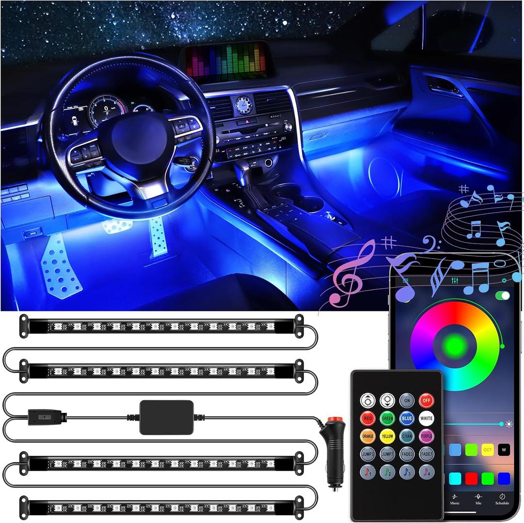 LivTee Smart Car Interior Lights, RGB LED Accent Lights with App Control, DIY & Music Mode, 2 Lines Design LED Lights for Cars, 12V Cigarette Lighter Power, Car Accessories for Women
