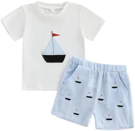 Gueuusu Toddler Baby Boy Summer Outfit Sailboat Embroidery Short Sleeve T Shirt Striped Shorts Set Infant Beach Clothes 18-24 Months