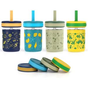 Sursip Toddler Glass Sippy Cups, Kids Baby 12 oz Spill-Proof Water Tumbler with Straw and Lids, Smoothie Snack Mason Jar For Travel School or At Home, 4 Packs