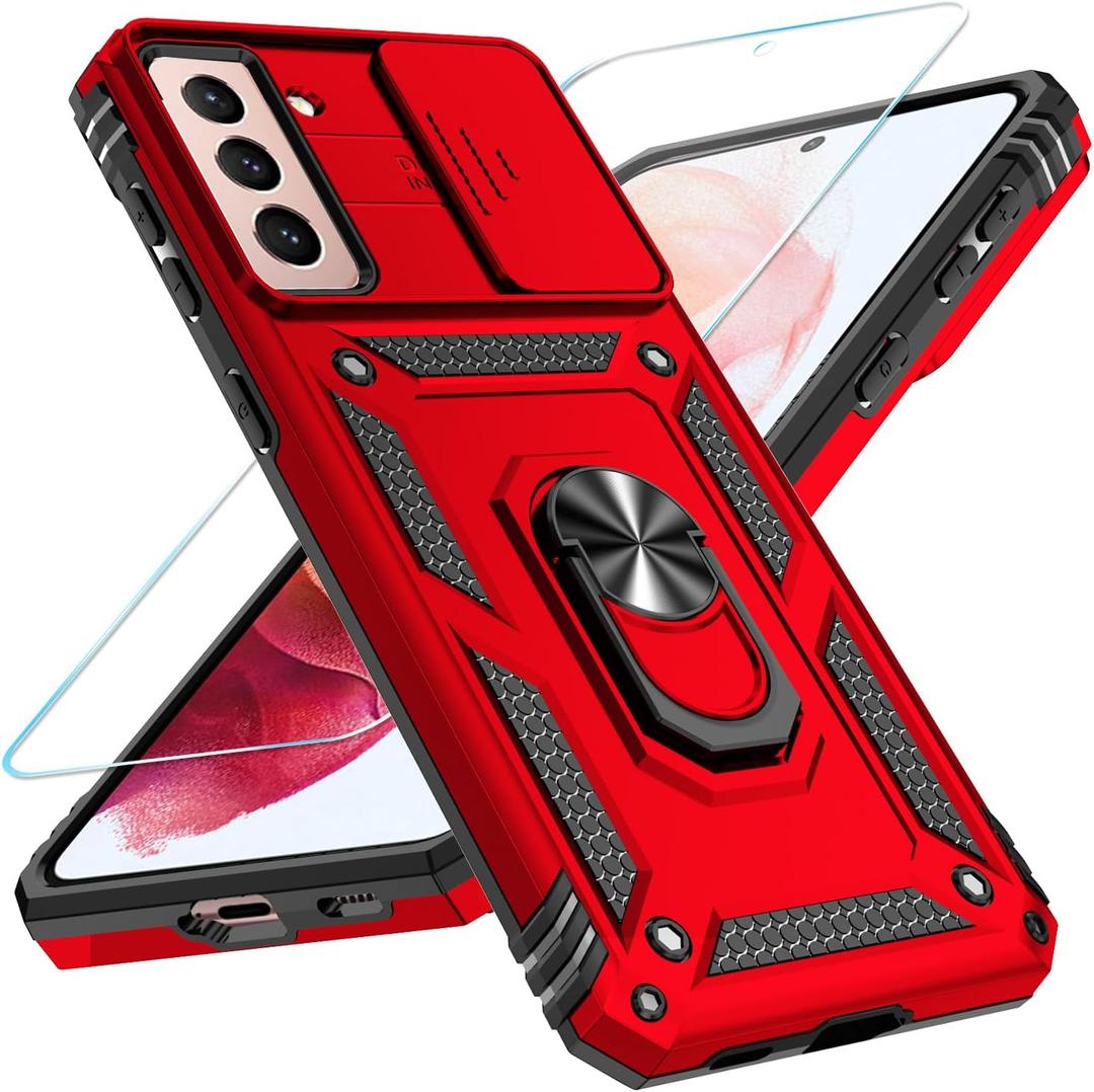 SunStory Phone Case for Samsung Galaxy S21 Plus 5G Case with HD Screen Protector & Slide Camera Cover & Rotated Ring Kickstand, [Military-Grade] [2 in 1] Phone Case for Galaxy S21 Plus 6.7",Red