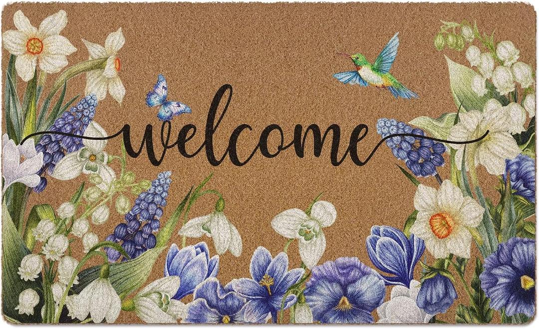 Spring Floral Hummingbird Door Mat, Spring Butterfly Flower Welcome Front Door Mat Indoor Outdoor Entrance, Floral Artificial Coir Doormats Rugs for Porch Entryway Decor 30x17in