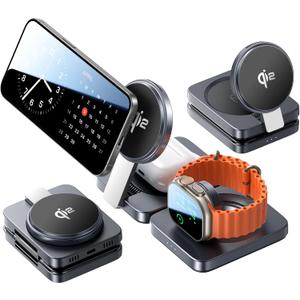 LISEN Qi2 Charging Station for Apple Magsafe Multiple Devices - 3 in 1 Foldable Magnetic Wireless Charger Dock - Travel Charging Stand for Apple iPhone 16 15 14 13 12 Pro Max Plus Watch & Airpods (silver)