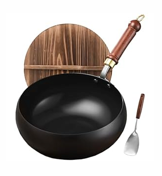 UMETRE Carbon Steel Wok Pan, 11″ Woks & Stir-Fry Pans with wooden Lid Cookwares, Nonstick Wok Flat Bottom Small Handmade Chinese Wok For All Stoves