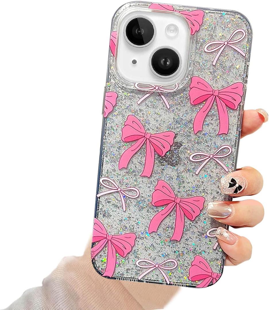 Cute Case for iPhone 13/iPhone 14 Glitter,Bling Clear Pretty Bow Tie Aesthetic Sparkly Cover,Ribbon Bowknot Soft Protective Phone for Women Girls (Pink, for iPhone 16)