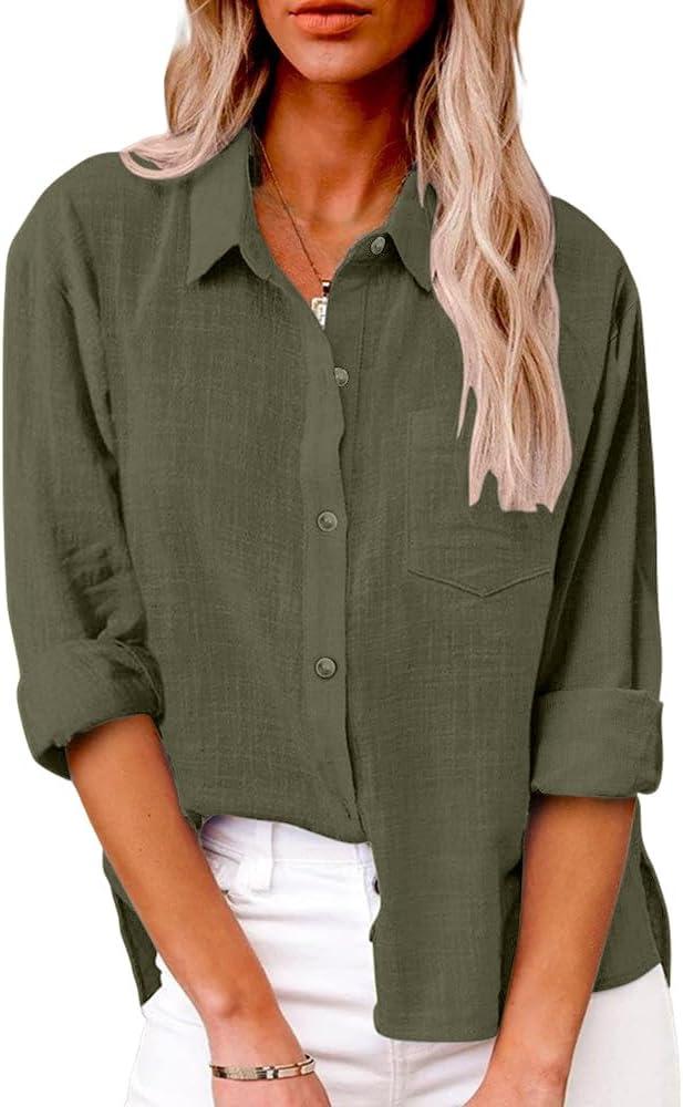 Womens Summer Linen Shirts Casual Button Down 2026 Long Sleeve Cotton Top Blouse Shirt with Pocket (XXL)