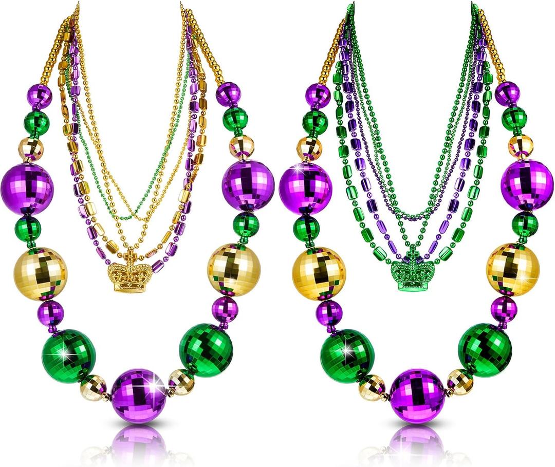 Henoyso 2 Set 50" Jumbo Mardi Gras Beads Necklaces Lighted/unlighted Assorted Costume Necklace Metallic Necklace Party Mardi Gras Decoration for Festival Parades Celebrations Carnival(Simple)