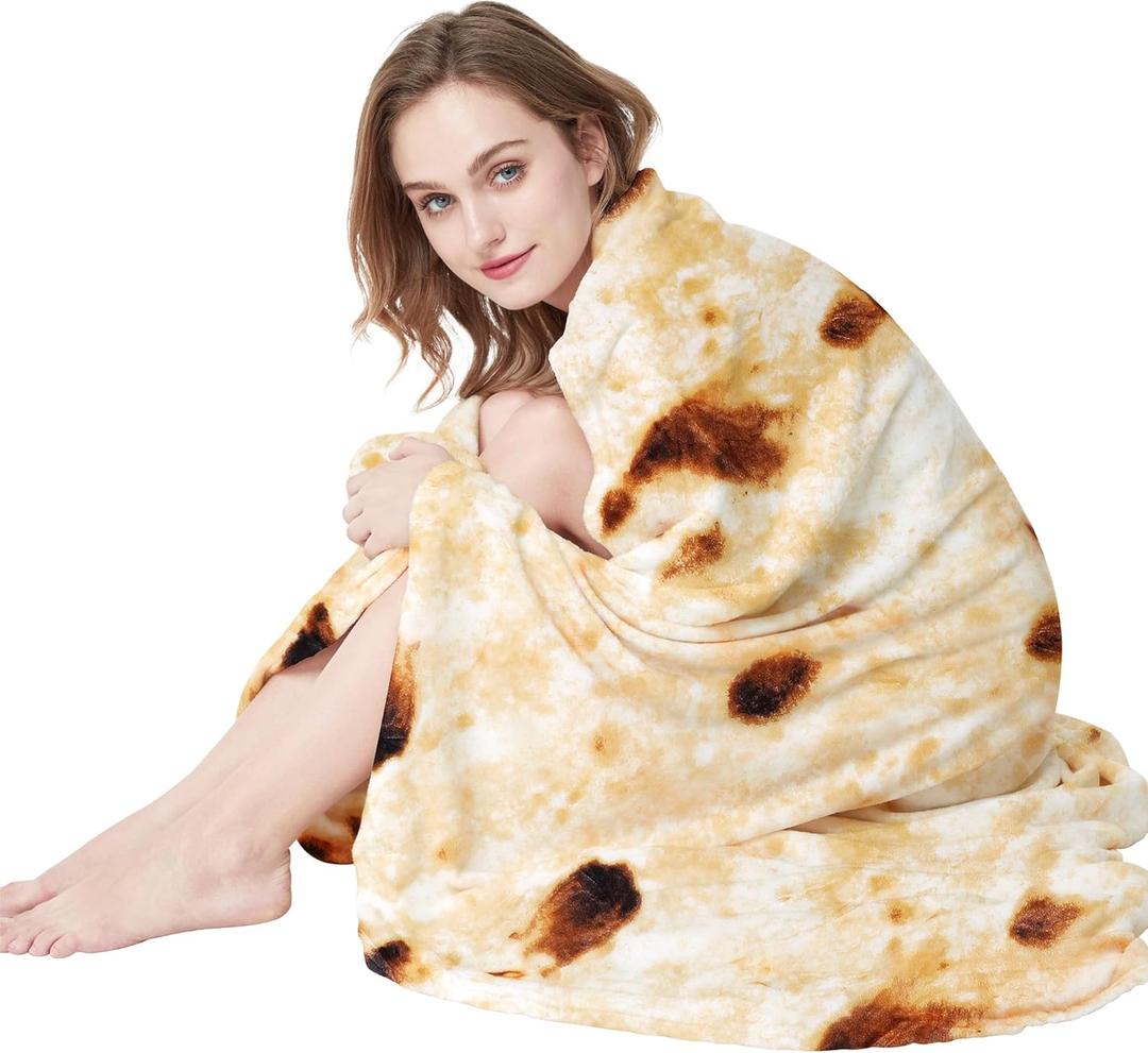LetsFunny Burrito Tortilla Throw Blanket, Double Sided Burritos Taco Tortilla Wrap Blankets, Funny Realistic Flannel Food Round Blankets, Funny Gifts for Kids Newborn Toddler Dog Cat Baby Shower 47in (Gray Yellow)