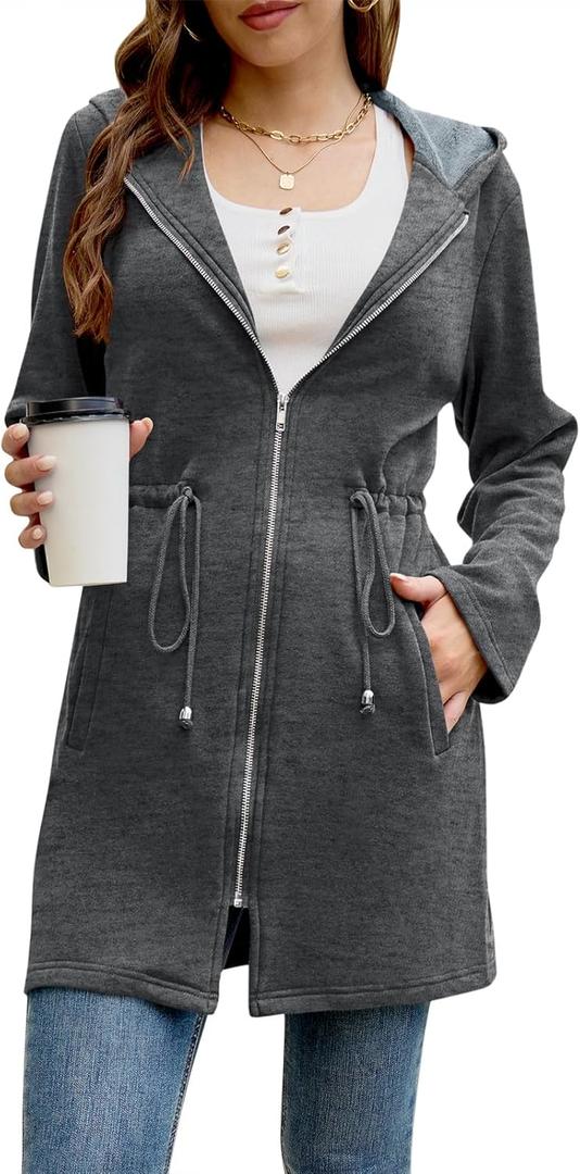 Fisoew Women's Zip Up Hoodie Sweatshirts Fleece Long Sleeve Casual Drawstring Waist Long Jackets Coat (Dark Grey)
