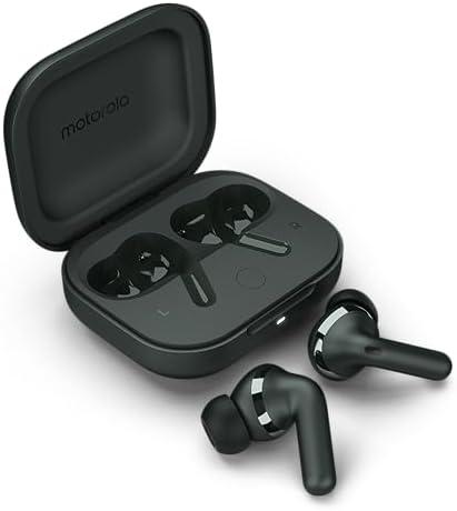 Moto Buds+ Headphones with Sound by Bose, Dual Dynamic Drivers and Optimal Resolution Sound, Dolby Head Tracking and Dolby Atmos, Dynamic Active Noise Cancellation - Black