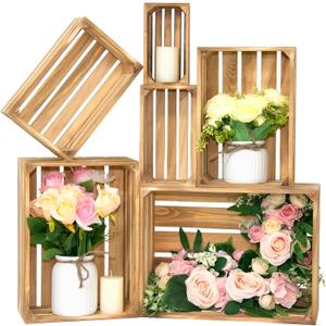 Wooden Crates for Display 6 Pack Extra Large Rustic Nesting Wooden Basket with Handle, Decorative Farmhouse Wood Crate for Storage and Container, 6 Size Wood Basket Decor Boxes