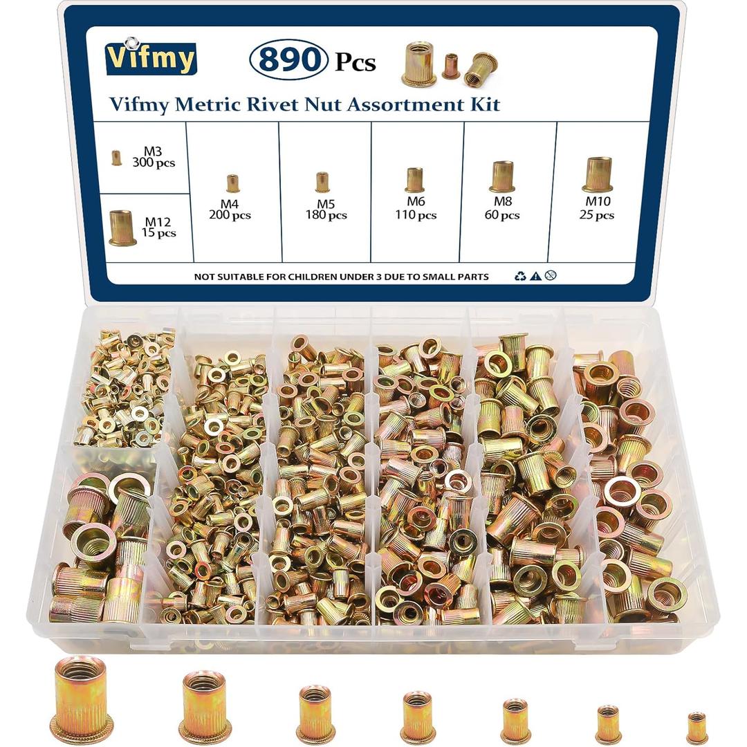 Metric Rivet Nut Assortment Kit(890 Pcs), M3 M4 M5 M6 M8 M10 M12 Flat Head Rivnut Set, Zinc Plated Finish Carbon Steel Nutsert (Yellow)