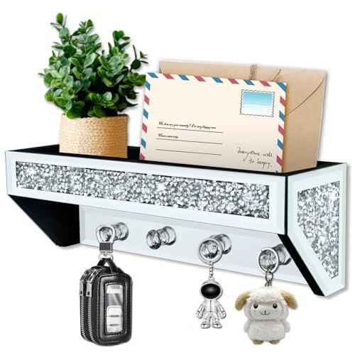 Crushed Diamond Wall Key Holder with Shelf, Crystal Mirror Wall Mounted Key Holder with Shelf for Entryway and Home Decor