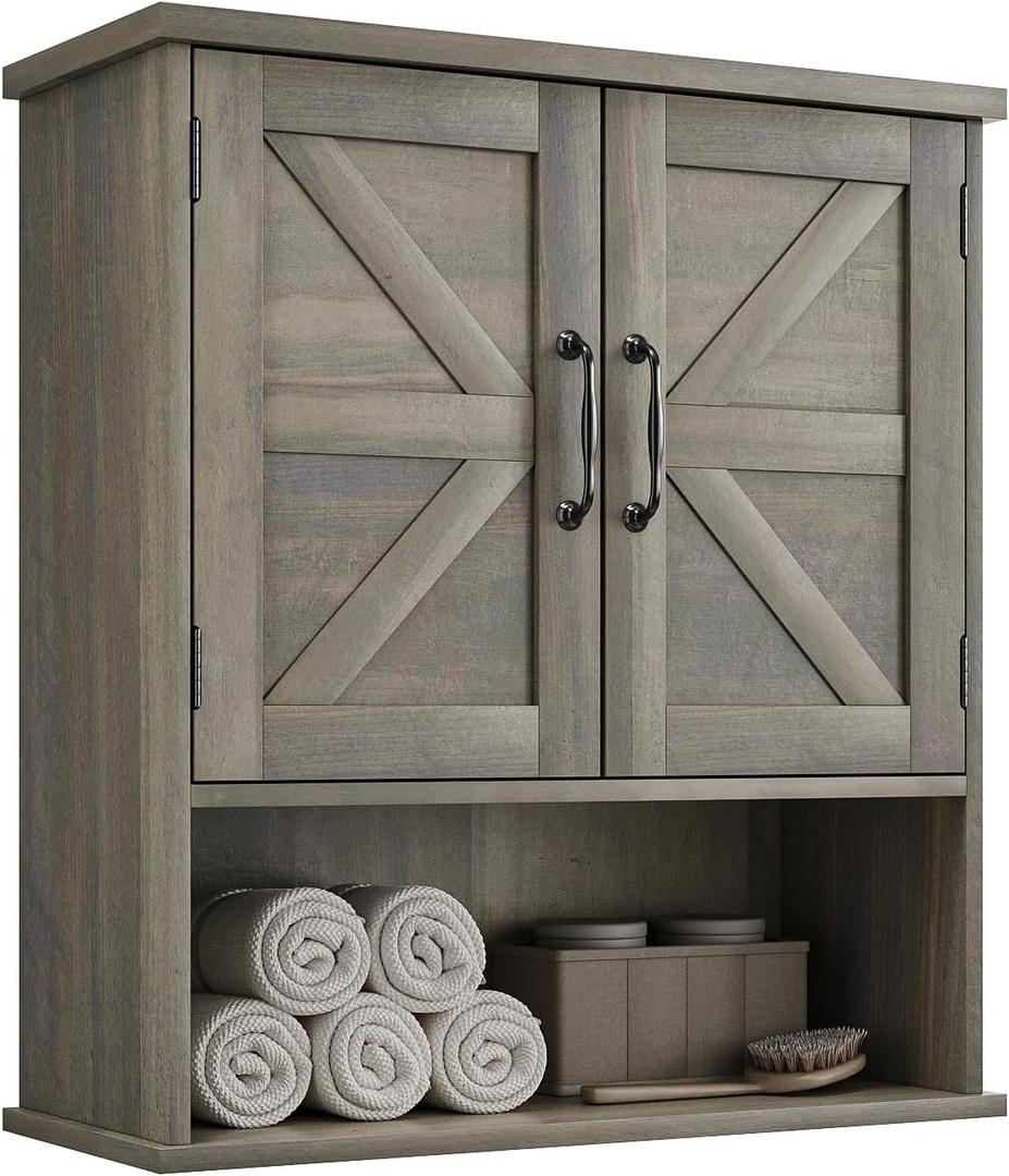 Bathroom Wall Cabinet with Barn Doors, Wall Mounted Bathroom Storage Cabinet, Farmhouse Style, Adjustable Shelf, Wall Mounted, Grey