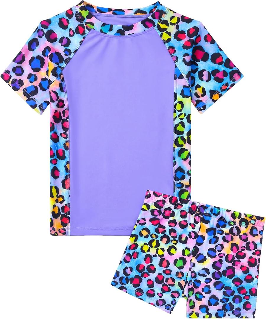 Snowheart Girls Swimsuit Short Sleeve Rash Guard with Shorts | For swimming, beach, pool parties. Super-soft, quick-drying, breathable. UPF 50+ sun protection.