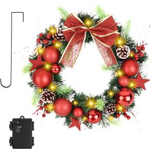 16 Inchs Christmas Wreath, Pre-Lit Artificial Christmas Door Wreath with Timer & Hanger, 50LED Warm Lights, Decor with Bowknot & Red Ball Star Berries ect., for Door & Window & Fireplace