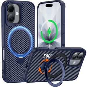 Designed for iPhone 17 Case with 360 Magnetic Stand, Carbon Fiber Phone Case [Compatible with Magsafe] [15FT Military Protection] with Stand Ring 6.3'', Deep Blue