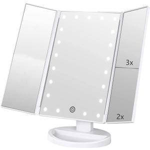 Trifold Makeup Mirror Vanity Mirror with Lights,1X 2X 3X Magnification,Touch Screen,180 Adjustable Rotation,Portable Travel Bathroom Cosmetic Mirror (White)