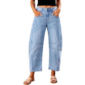 GRAPENT Barrel Jeans for Women Trendy High Waisted Wide Leg Baggy Cropped Relax Fit Stretch Denim Trouser Ankle Pants (Medium, Roadnight Blue)