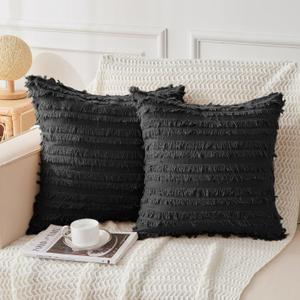 JELLYMONI Pack of 2 Linen Cotton Couch Throw Pillow Covers 16x16 Inch, Decorative Couch Pillow Covers with Fringe Design, Soft Square Cushion Covers for Couch (Black)