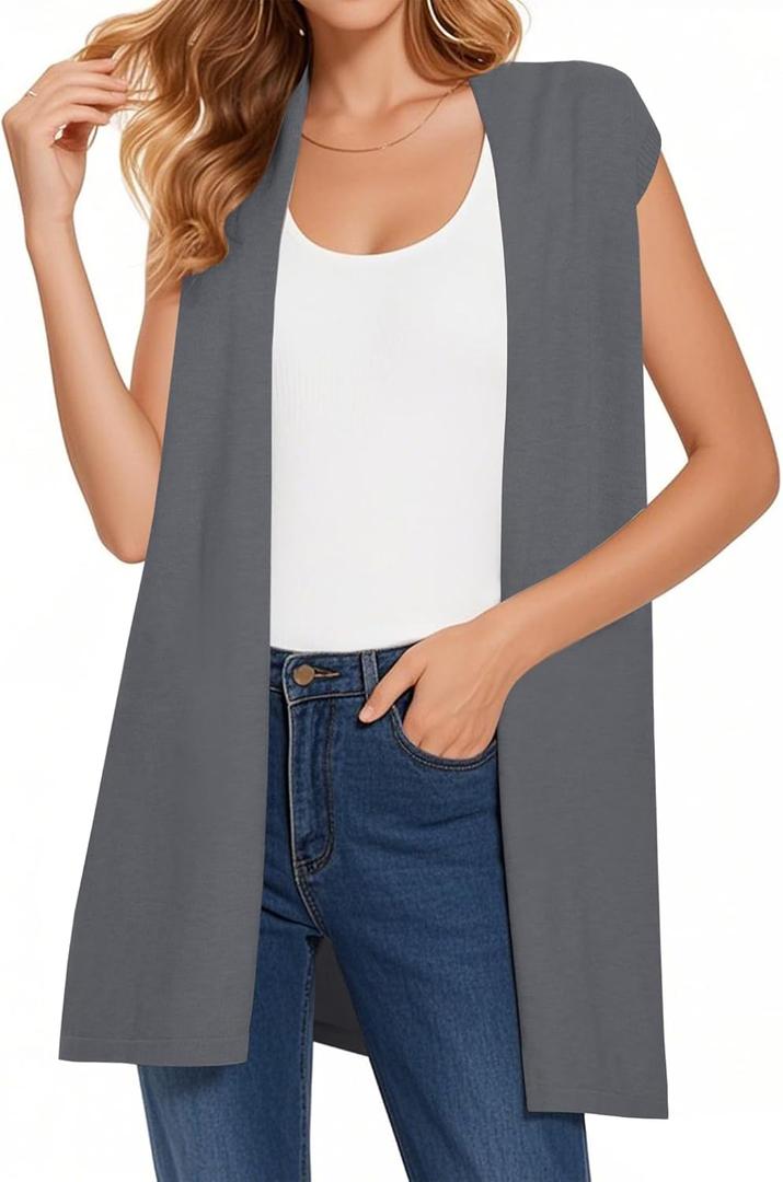 Women's Long Knit Cardigans Ribbed Sleeveless Sweater Casual Outwear Open Front Draped Duster Vest (X-Large, Dark Gray-no Pocket)