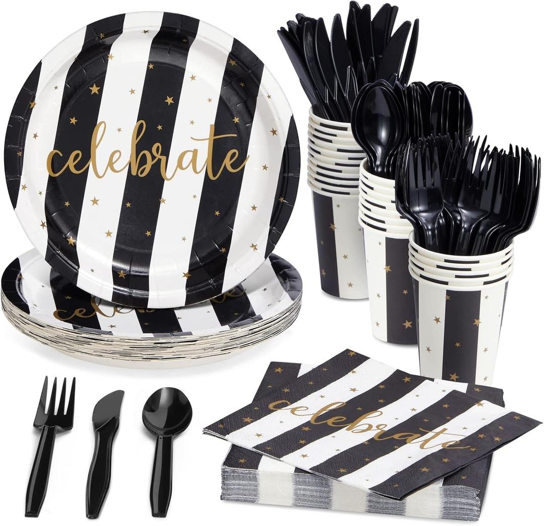 Juvale Black and Gold Party Supplies - Serves 24 - for Graduation, Birthday and Anniversary Parties