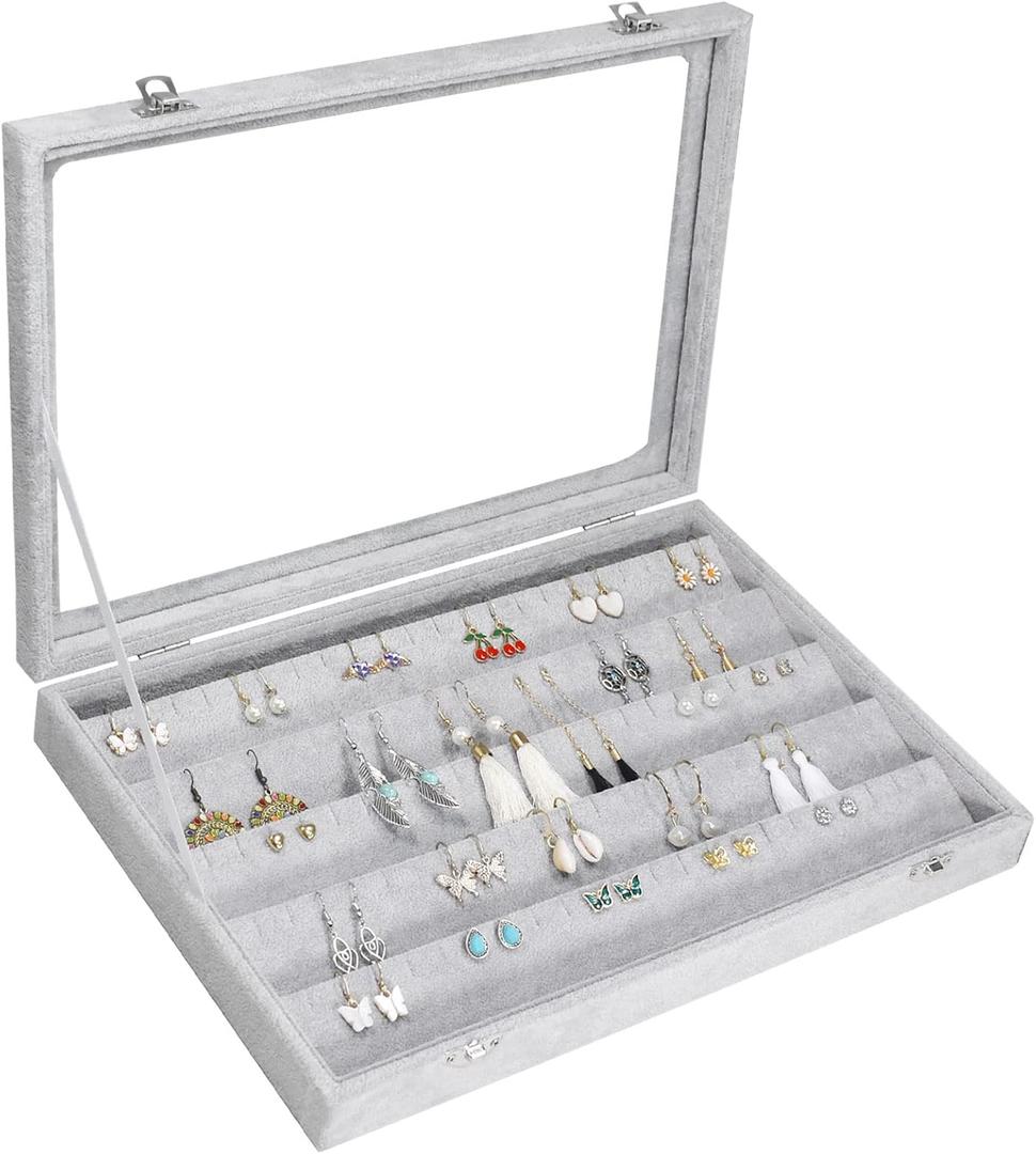 Earring Organizer Tray Velvet Earring Display Organizer Storage Box Premium 110 Slot 55 Pair Earring Display Organizer with Transparent Glass Cover Suitable for Women and Girls (Grey)
